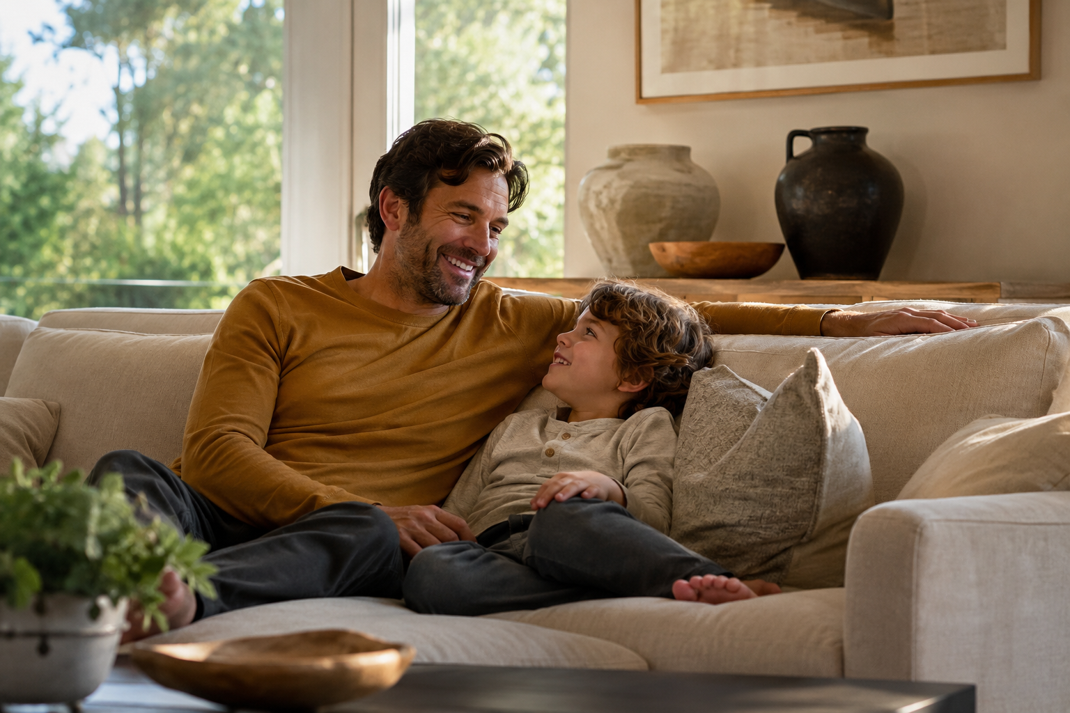 A father and son relaxing on a couch in a comfortable, well-conditioned living room