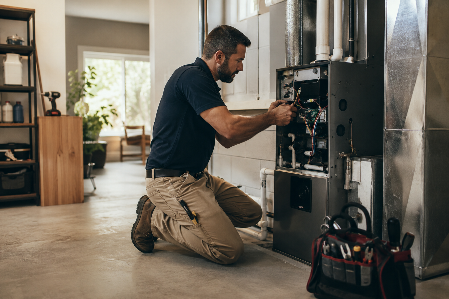 New high-efficiency furnace installed in a clean utility room