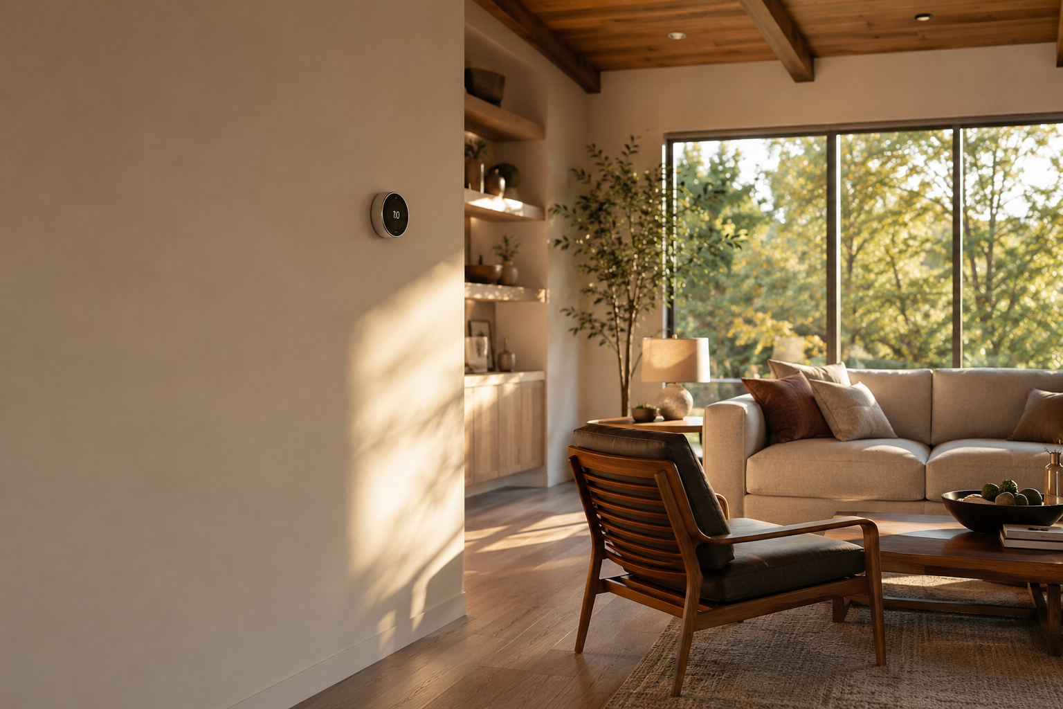 Sunlit living room with a smart thermostat on the wall, comfortable and warm