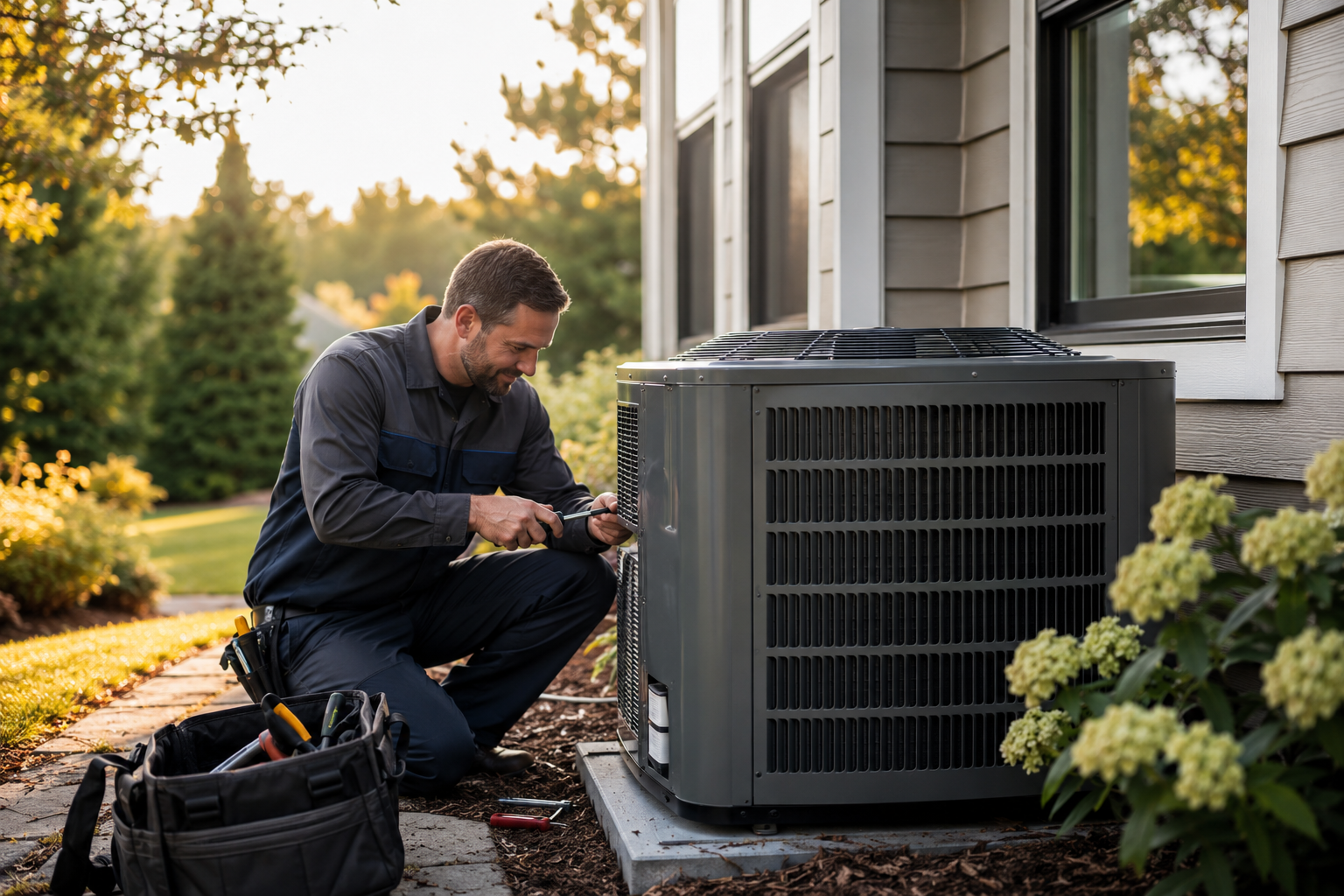 A Summit technician repairing an outdoor air conditioning condenser at a Treasure Valley home