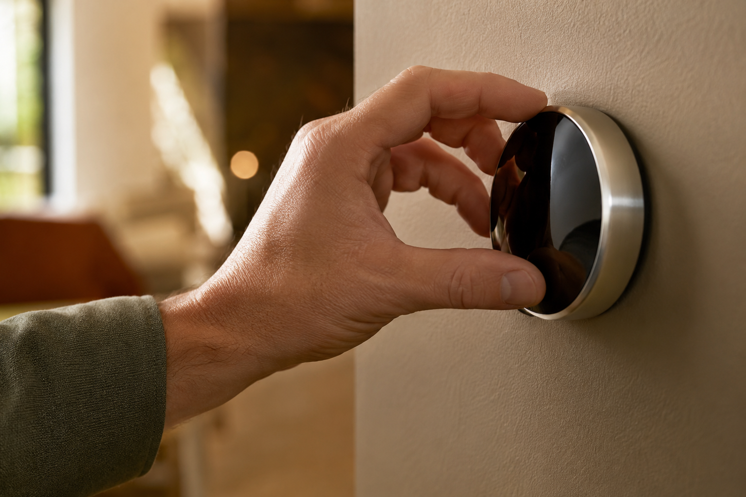 Smart thermostat being set on a warm interior wall